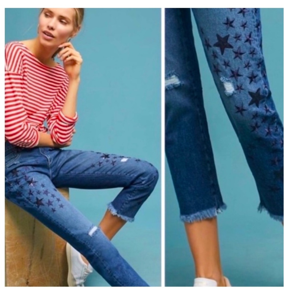 ANTHROPOLOGIE Pilcro Slim Boyfriend Blue Stars Pants‎ size 27